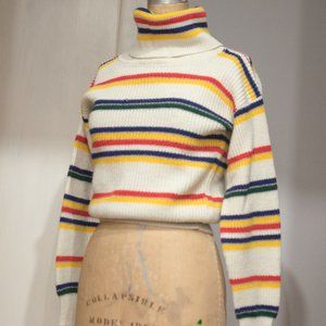 Vintage Knit White Primary Color Striped Turtleneck